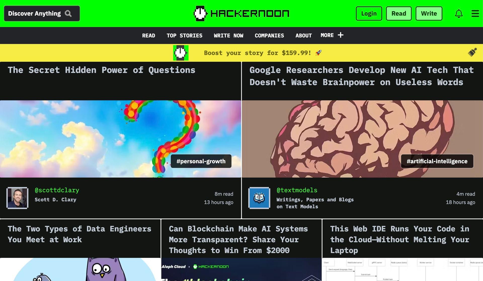 Hacker Noon-examples of community forum website design